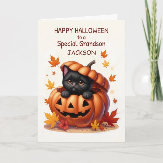 Carte Petit-fils Nom personnalisé Halloween Mignon Chat  (Devant)
