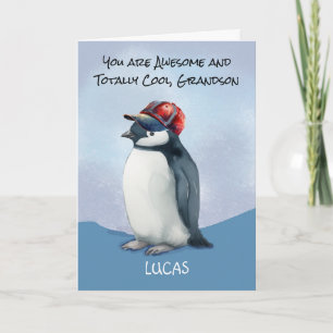 Carte Petit-fils Penguin d'anniversaire en Casquette de