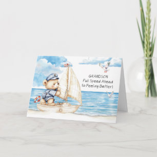 Carte Petit-Fils Remets-Toi Vite Ours en Peluche Voile
