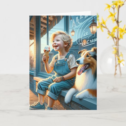 Carte Petit Garçon Mangeant Un Cône De Crème De Glace (Fleur jaune)