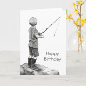 Carte Petit Garçon Pêche : Dessin au crayon original (Fleur jaune)