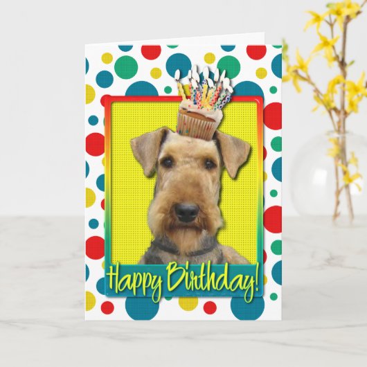 Carte Petit gâteau d'anniversaire - Airedale (Fleur jaune)