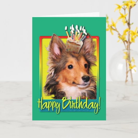 Carte Petit gâteau d'anniversaire - chiot de Sheltie - (Fleur jaune)