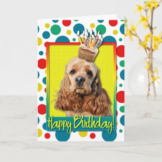 Carte Petit gâteau d'anniversaire - cocker (Fleur jaune)