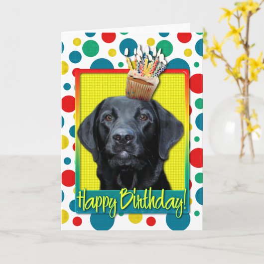 Carte Petit gâteau d'anniversaire - Labrador - noir - (Fleur jaune)