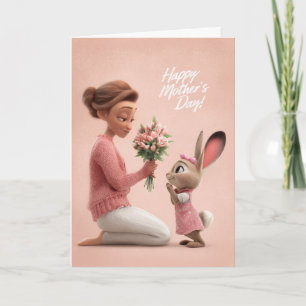 Carte Petit lapin rose apportant des fleurs pour la fête