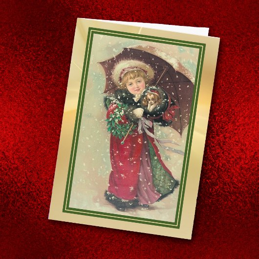 Carte Petit parapluie de fille et Noël de la chienne