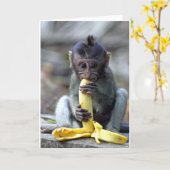 Carte Petit singe macaque mignon dégustant de la banane (Fleur jaune)