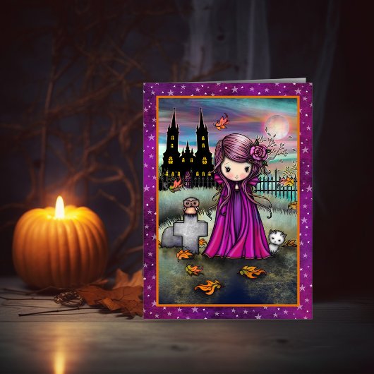 Carte Petit violet mignon Halloween Vampire, Chat et Cho