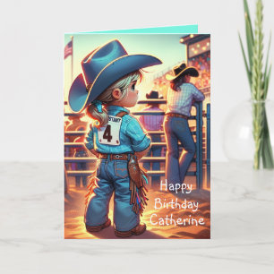 Carte Petite Cowgirl de l'Ouest 4ème Anniversaire Rodéo