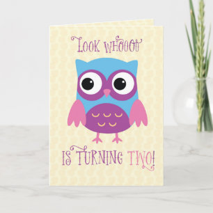 Carte Petite-fille 2e anniversaire, hibou, rose, violet
