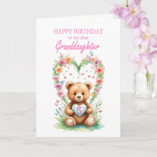 Carte Petite-fille Âge 5 Teddy Bear (Orchidée)