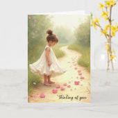 Carte Petite fille aux coeurs roses qui pense à toi (Fleur jaune)