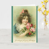 Carte Petite fille aux roses roses roses, Anniversaire (Fleur jaune)