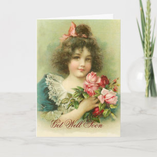 Carte Petite fille aux roses roses roses, va bien bientô