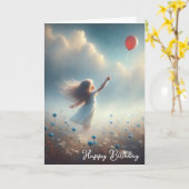 Carte Petite Fille Avec Balloon Rouge Anniversaire (Fleur jaune)