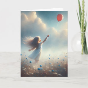 Carte Petite Fille Avec Balloon Rouge Qui Pense À Toi