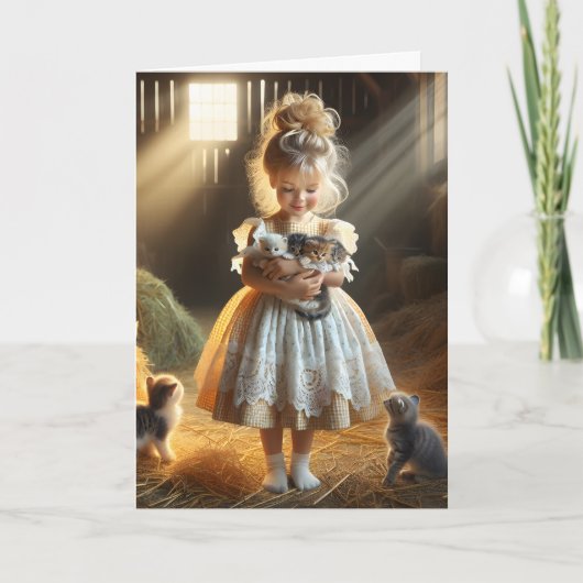 Carte Petite Fille Avec Barn Kittens Anniversaire (Devant)