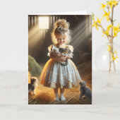 Carte Petite Fille Avec Barn Kittens Anniversaire (Fleur jaune)