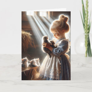 Carte Petite fille avec chatons à la grange pour l'anniv