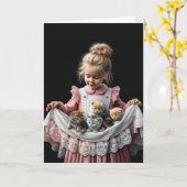 Carte Petite fille avec chatons Anniversaire (Fleur jaune)
