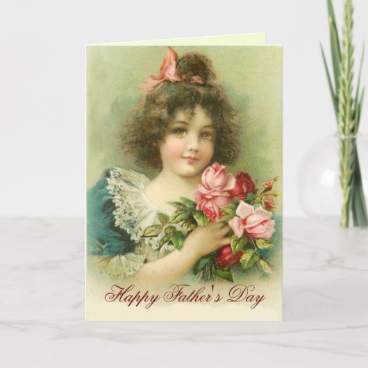 Carte Petite fille avec Fête des pères rose roses (Devant)