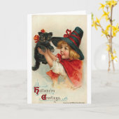Carte Petite fille avec Kitten noir (Fleur jaune)