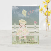 Carte petite fille avec un cerf-volant sur banc pour l'a (Fleur jaune)