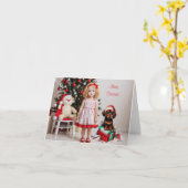 Carte Petite fille blonde avec Noël Dachshund (Fleur jaune)