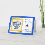 Carte Petite-fille Chanukah Menorah contemporaine<br><div class="desc">Joyeuse petite-fille Chanukah Dearest,  menorah contemporaine avec bougies bleues,  carte de voeux en papier. Illustration numérique avec une menorah éclairée et une étoile de David. Copyright © Shoaff Ballanger Studios,  2024.</div>