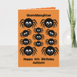 Carte Petite-fille de Halloween d'anniversaire<br><div class="desc">Une carte personnalisée de Halloween d'anniversaire de petite-fille d'araignée comportant un groupe d'araignées crawly déplaisantes. Vous pouvez facilement personnaliser l'avant de cette carte de petite-fille d'anniversaire de Halloween d'araignée avec leur âge et nom. À l'intérieur de lit un message spooktacular, que vous pouvez garder ou éditer si voulus. Le dos...</div>