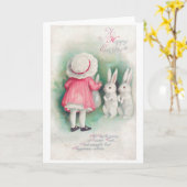 Carte Petite fille et lapin de Pâques vintages (Fleur jaune)
