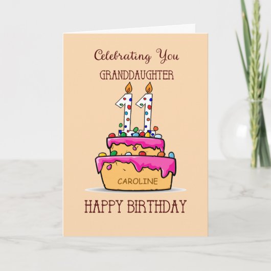 Carte Petite-fille Fête d'anniversaire 11 ans Gâteau Cel (Devant)