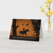 Carte Petite-fille Halloween avec sorcière et cheval (Fleur jaune)