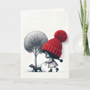 Carte Petite fille marchant son chien