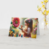 Carte Petite Fille Peint Une Fleur (Fleur jaune)