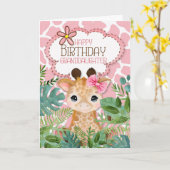Carte Petite-fille Pink Jungle Giraffe Thème Anniversair (Fleur jaune)
