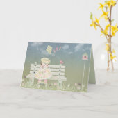 Carte Petite fille sur un banc avec cerf-volant (Fleur jaune)