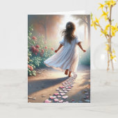 Carte Petite fille sur un chemin de coeur rose (Fleur jaune)