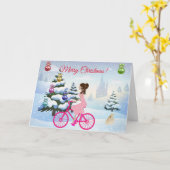 Carte Petite Fille Sur Un Vélo Rose Noël D'Hiver (Fleur jaune)
