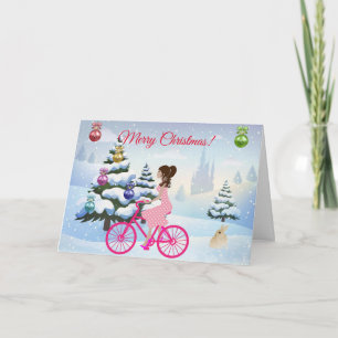 Carte Petite Fille Sur Un Vélo Rose Noël D'Hiver