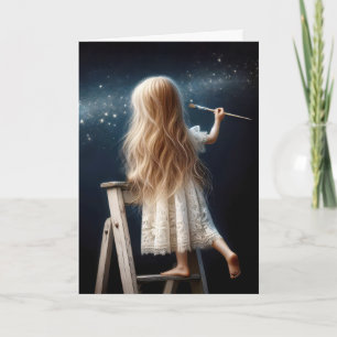 Carte Petite fille sur une échelle Peinture étoiles