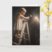 Carte Petite fille sur une échelle Peinture étoiles (Fleur jaune)