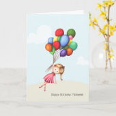 Carte Petite fille tenant de grands ballons Anniversaire (Fleur jaune)