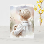 Carte Petite fille tenant un lapin d'animal (Fleur jaune)
