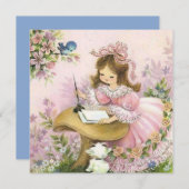 Carte Petite Fille Vintage Sur Champignons (Devant / Derrière)