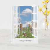 Carte Petite fille volant un cerf-volant dans la fenêtre (Fleur jaune)