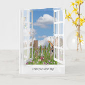 Carte Petite fille volant un cerf-volant en vue de la fe (Fleur jaune)