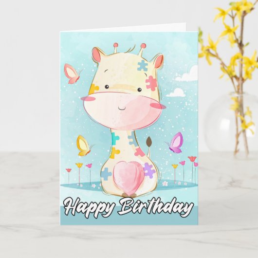 Carte Petite girafe Posing Joueuse | Joyeux anniversaire (Fleur jaune)