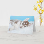 Carte Petite marionnette Husky posée sur une couverture (Fleur jaune)